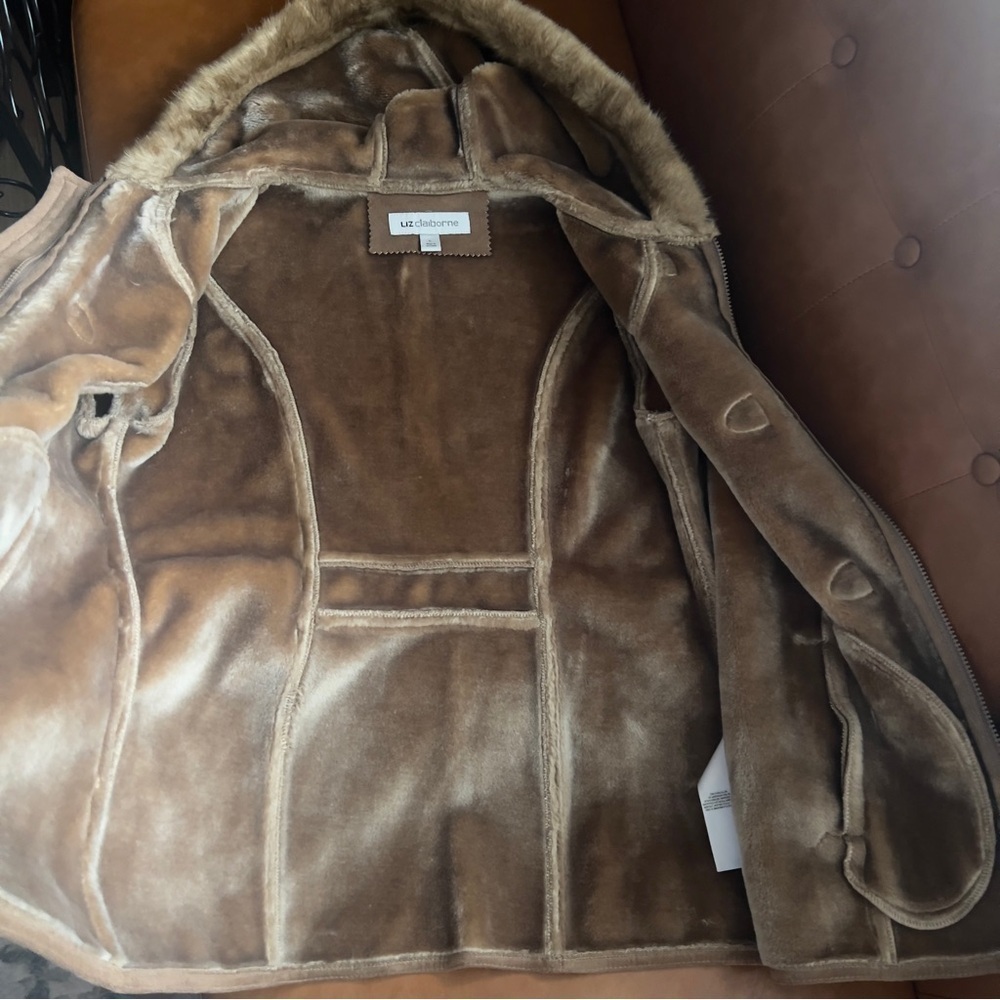 Liz Claiborne Women’s Faux Fur Faux Suede Brown Toggle Jacket Coat  Sz L - Picture 6 of 12